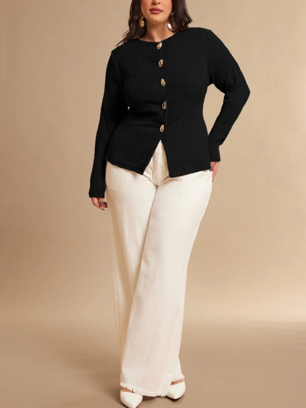 Black Ribbed Button-Front Sweater - Picture 6 of 7
